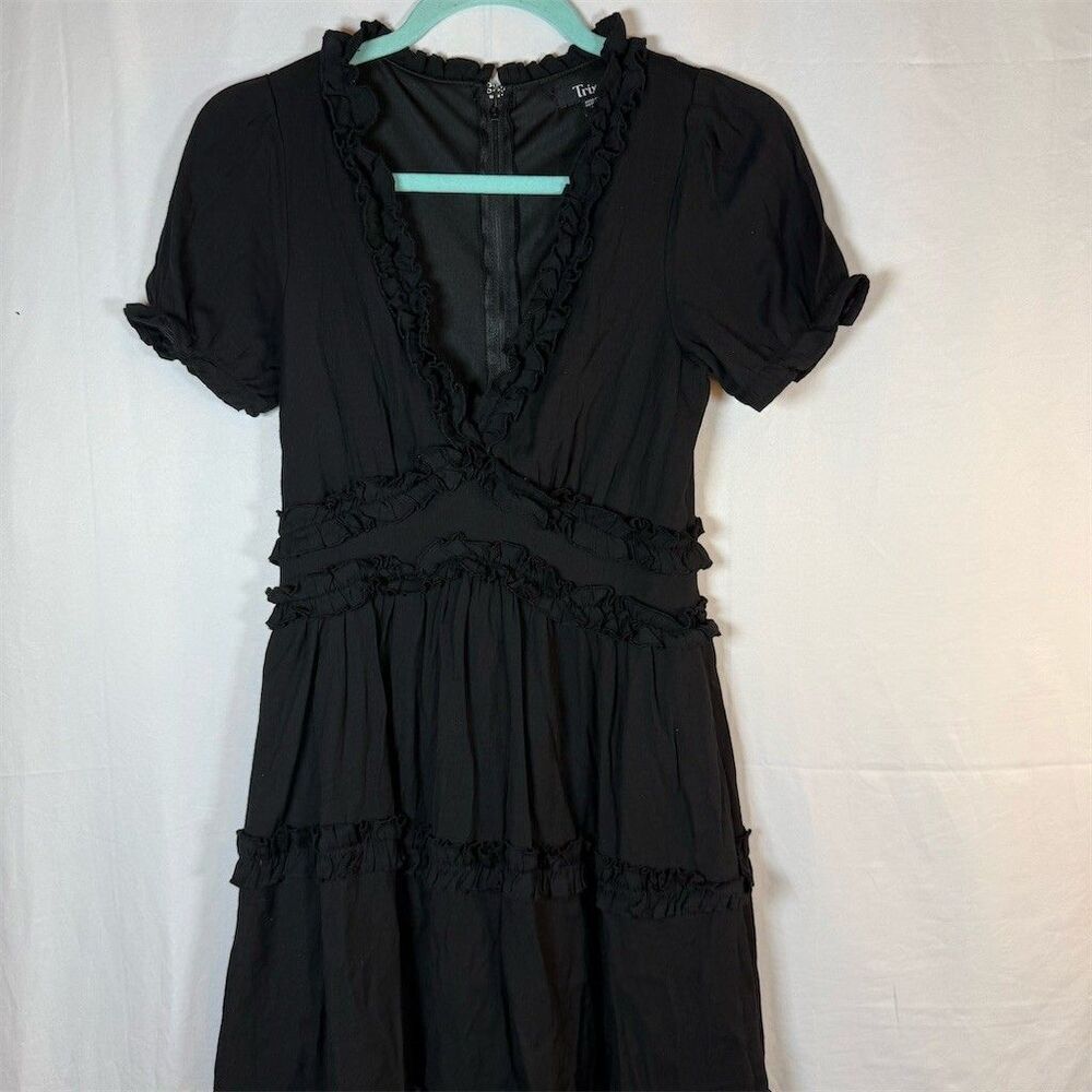 Trixxi Dress Womens Size S Black V-Neck Tiered Mini Puff Sleeve Ruffle